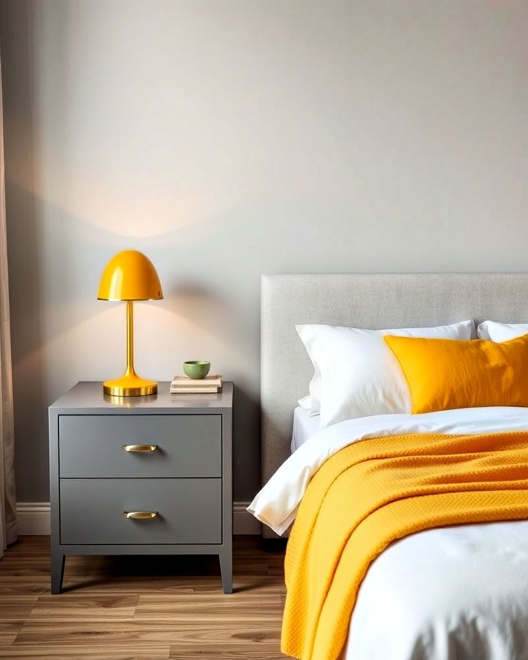 yellow lamp and grey nightstand - 25 Yellow and Grey Bedroom Ideas