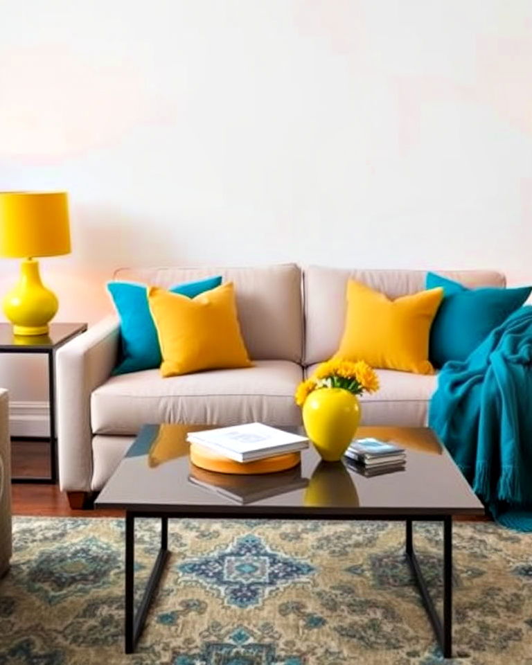 yellow lamp and teal cushions for living room - 25 Teal and Yellow Living Room Ideas