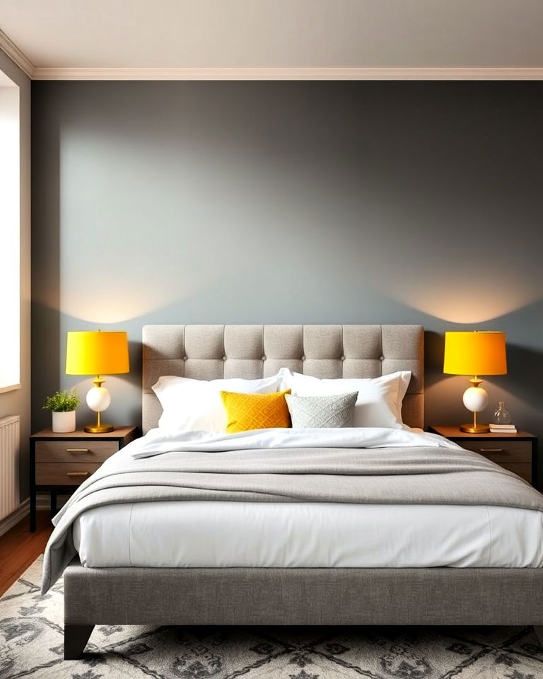 yellow lampshades and grey bedframe design - 25 Yellow and Grey Bedroom Ideas