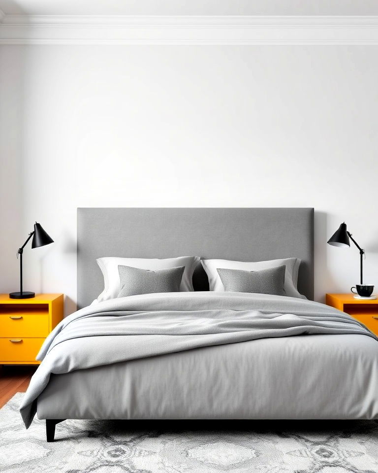 yellow nightstand and sleek grey headboard - 25 Yellow and Grey Bedroom Ideas