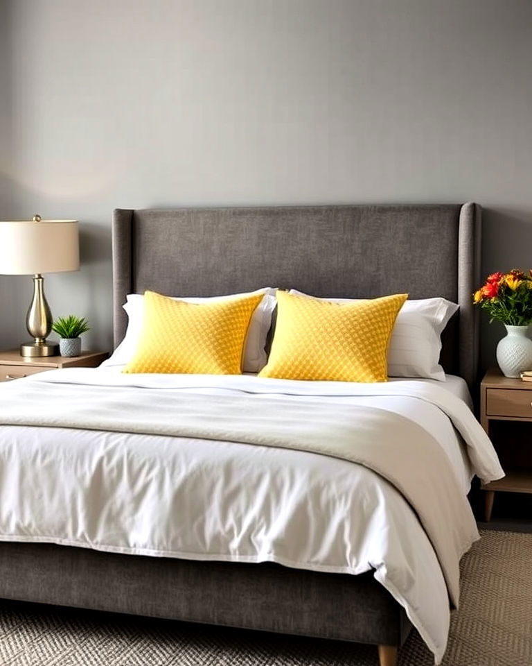 yellow patterned pillows and grey bed - 25 Yellow and Grey Bedroom Ideas