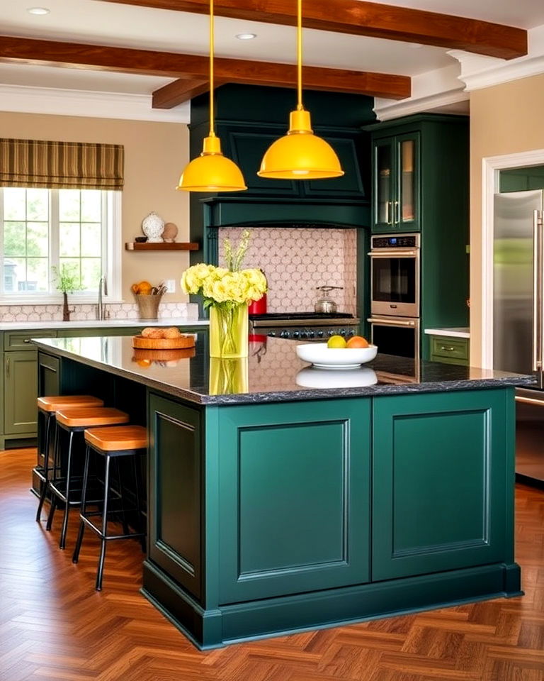 yellow pendant lights and deep forest green island - 20 Green and Yellow Kitchen Ideas