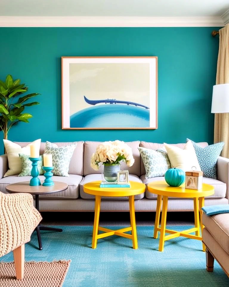 yellow side tables with teal details for living room - 25 Teal and Yellow Living Room Ideas