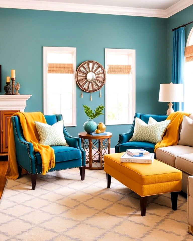 yellow throw blanket and teal accent chair - 25 Teal and Yellow Living Room Ideas