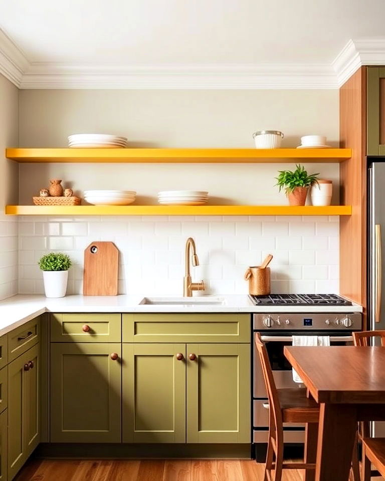 yellow upper shelves and olive green lower cabinets - 20 Green and Yellow Kitchen Ideas