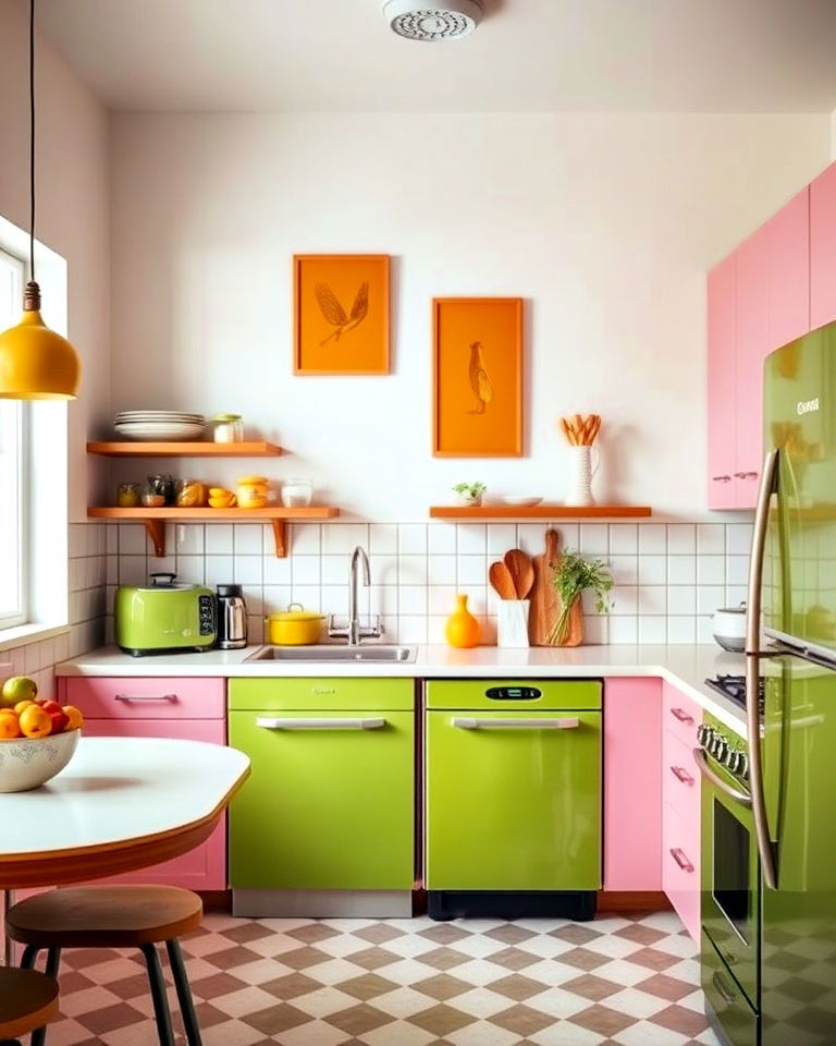yellow wall art and avocado green appliances - 20 Green and Yellow Kitchen Ideas