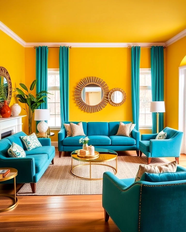 yellow walls with teal furniture for living room - 25 Teal and Yellow Living Room Ideas