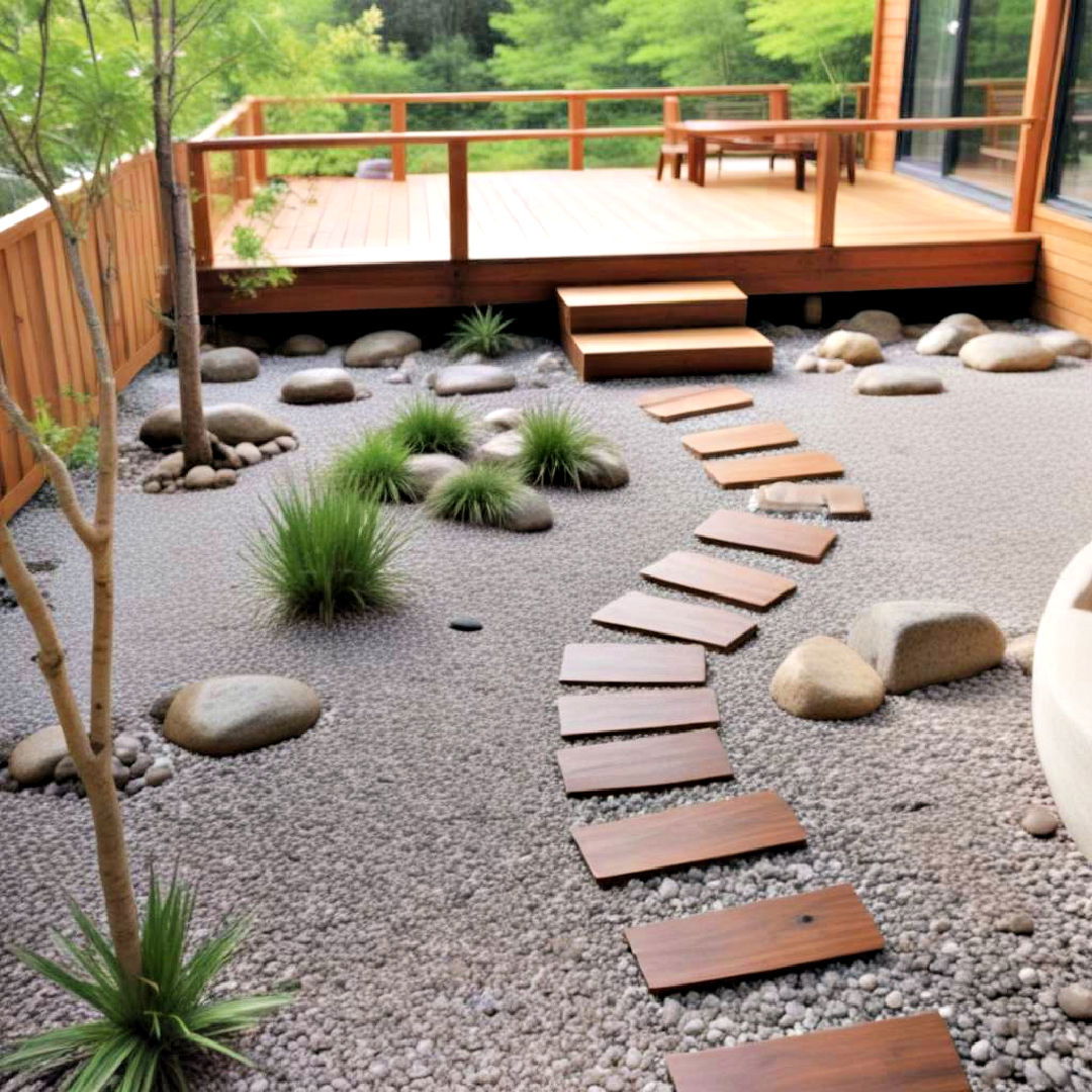 zen garden deck with gravel and wooden pathways - 25 Ground Level Deck Ideas