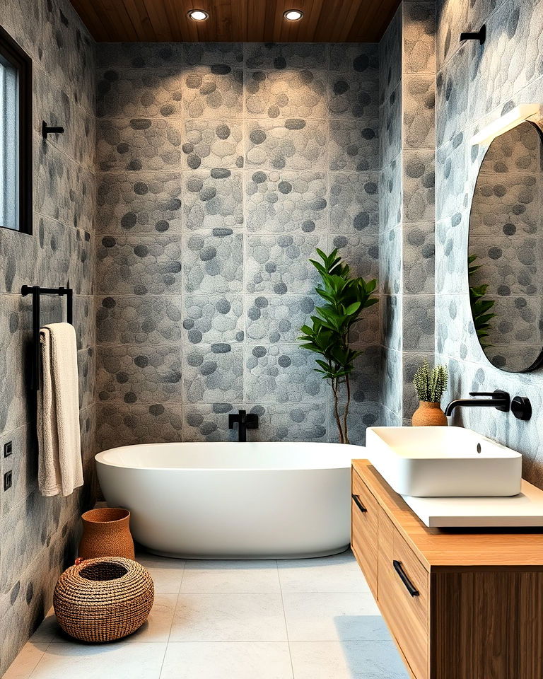 zen garden theme bathroom with gray pebble tiles - 20 Pebble Tile Bathroom Ideas