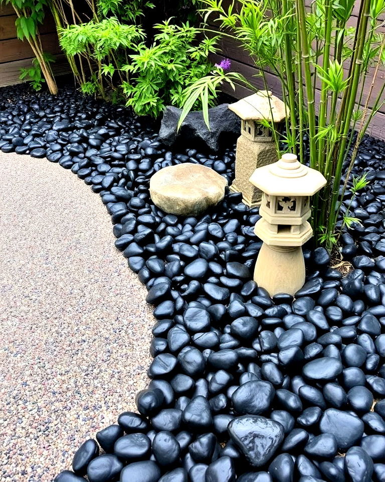 zen garden with black river rock - 20 Black River Rock Landscaping Ideas