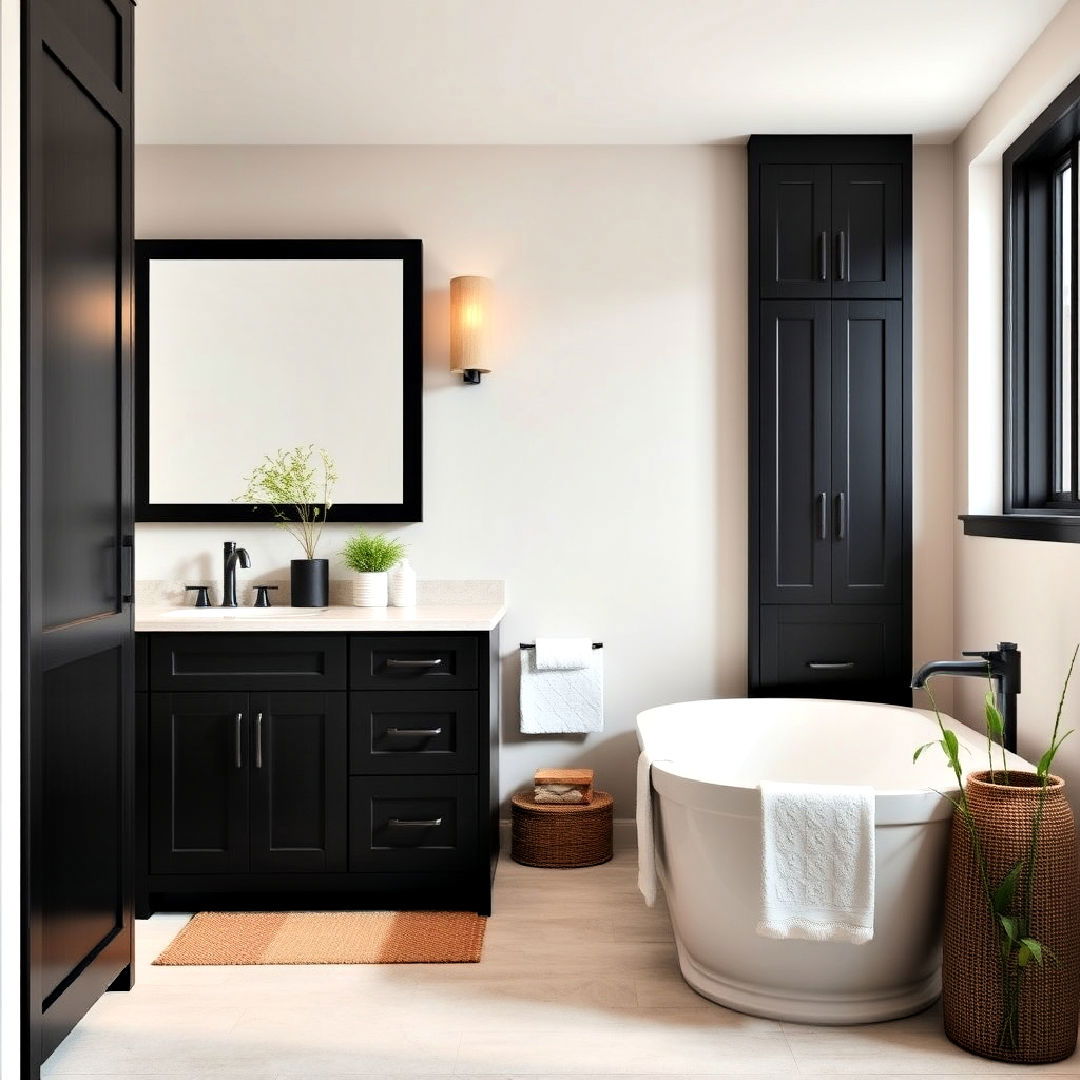 zen inspired bathroom with black cabinets - 25 Bathroom With Black Cabinets Ideas