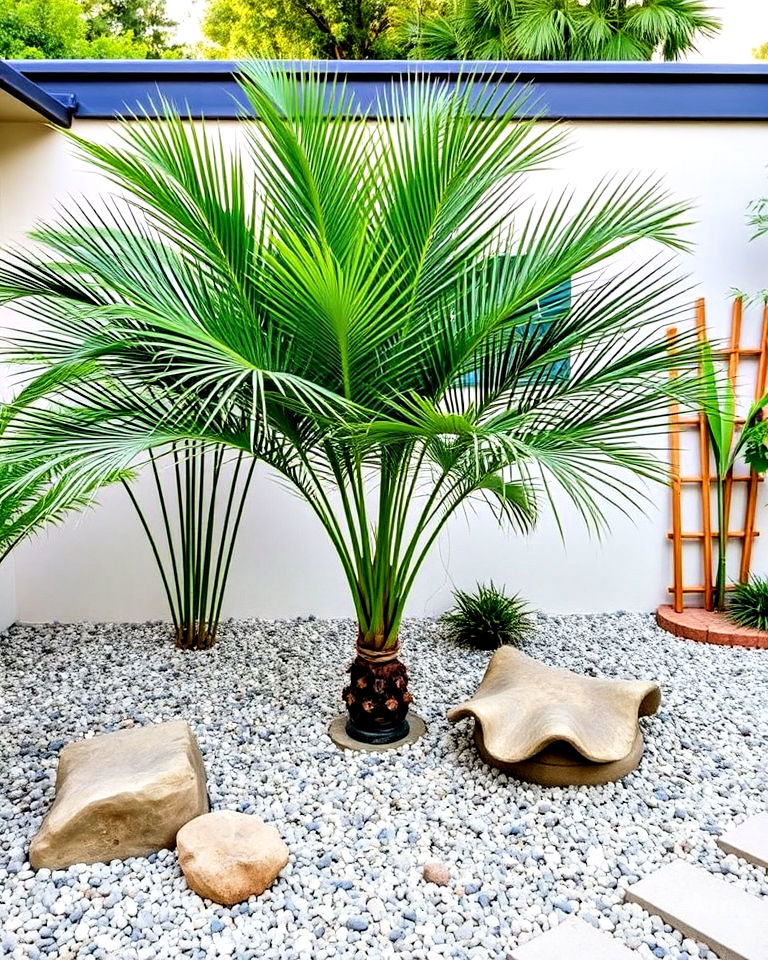 zen inspired garden with palms - 30 Front Yard Palm Tree Landscape Design Ideas