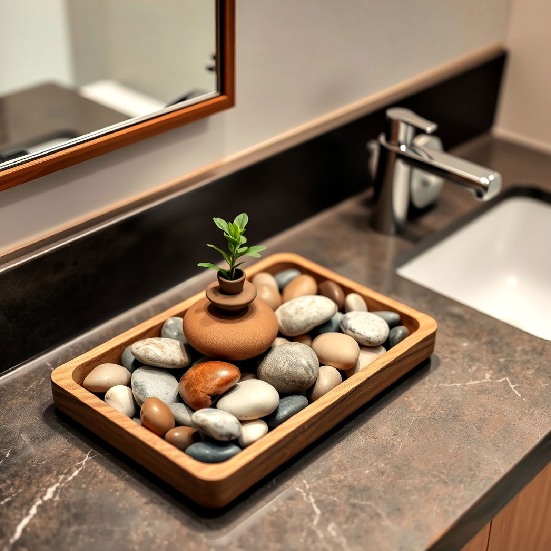 zen inspired pebble tray for japandi bathroom - 40 Japandi Bathroom Ideas