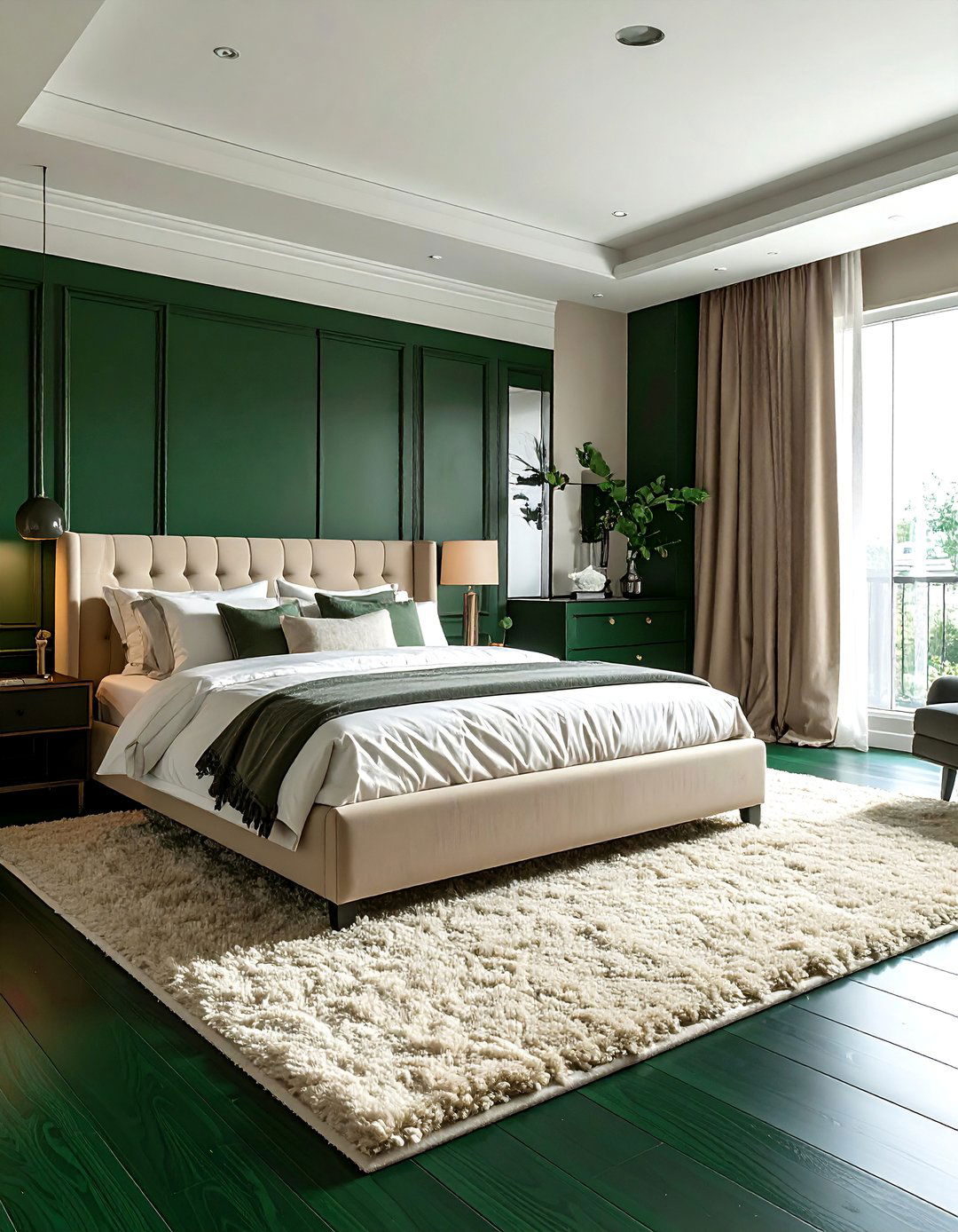 A Beige Area Rug on Dark Green Flooring - 30 Green and Beige Bedroom Ideas for Serenity