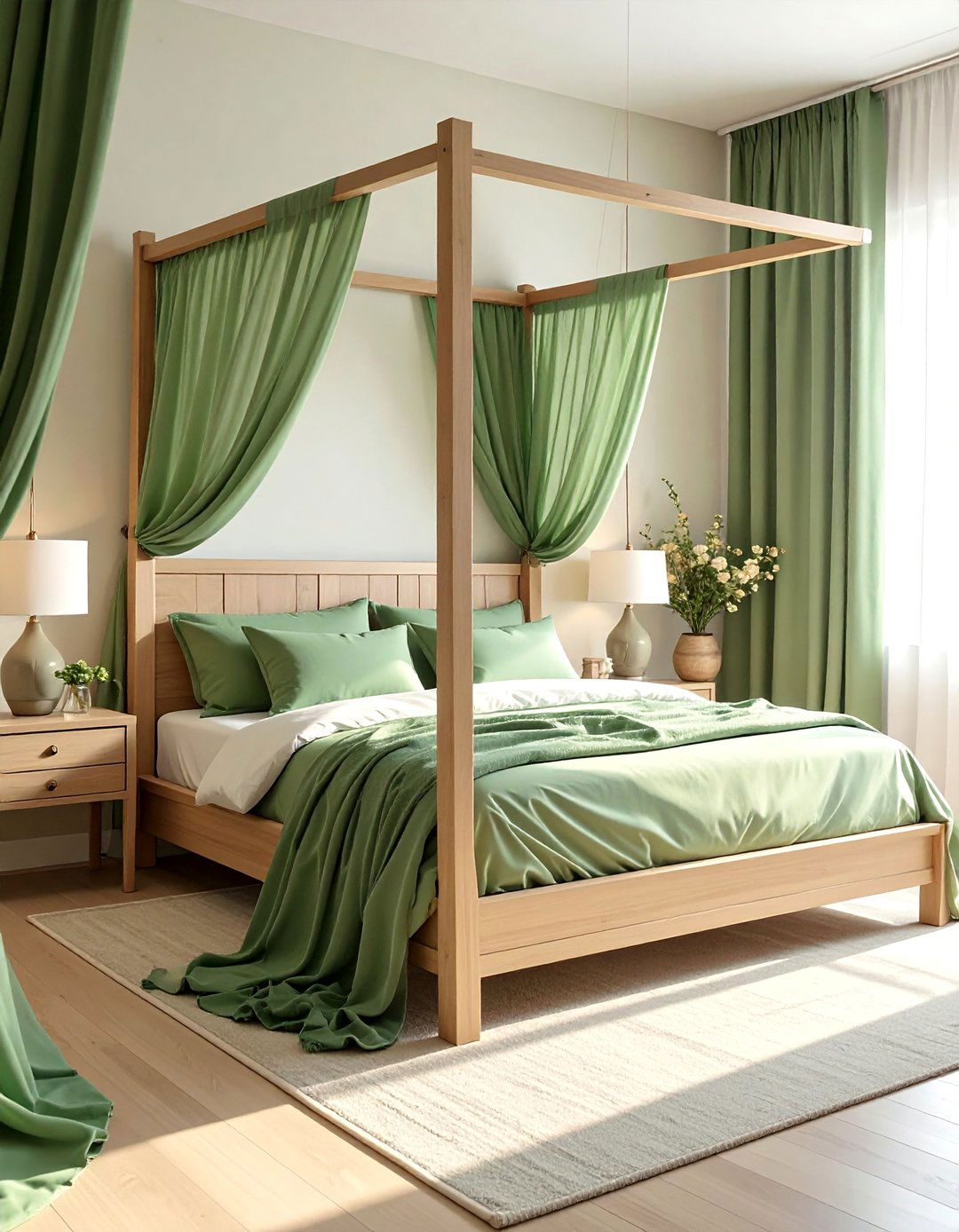 A Beige Canopy Bed with Green Drapes - 30 Green and Beige Bedroom Ideas for Serenity