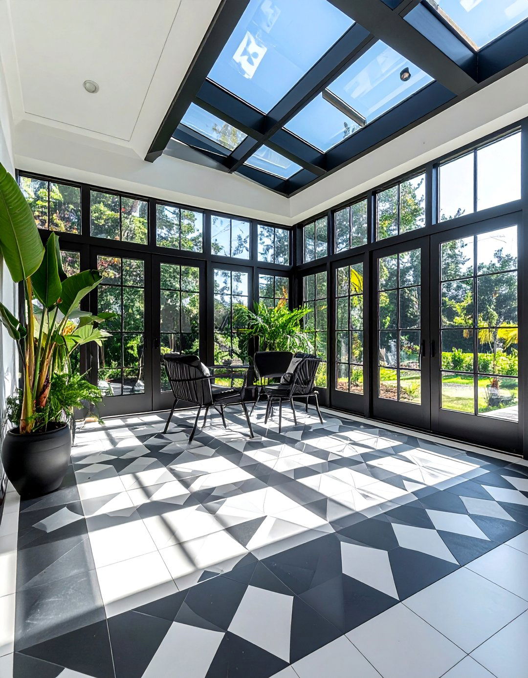 A Black Sunroom with Patterned Floor Tiles - 20 Black Sunroom Ideas for a Stylish Retreat
