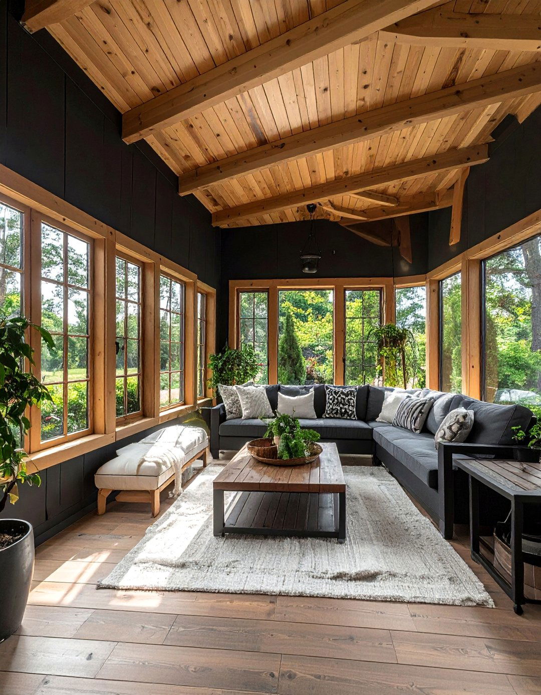 A Black Sunroom with a Wooden Ceiling - 20 Black Sunroom Ideas for a Stylish Retreat