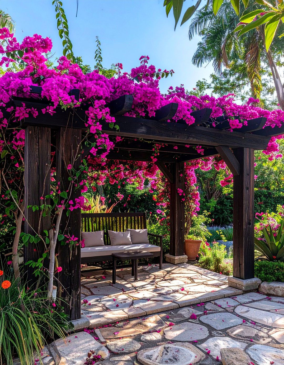 A Bougainvillea Draped Pergola in a Mexican Garden - 25 Mexican Garden Ideas for a Vibrant Outdoor Space