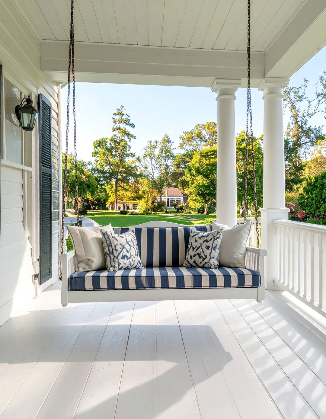 A Classic Wooden Porch Swing - 30 Colonial Front Porch Ideas for Charm