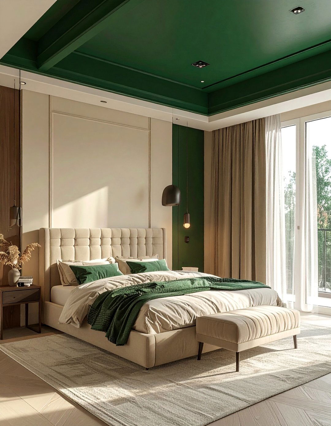 A Dark Green Ceiling in a Beige Room - 30 Green and Beige Bedroom Ideas for Serenity