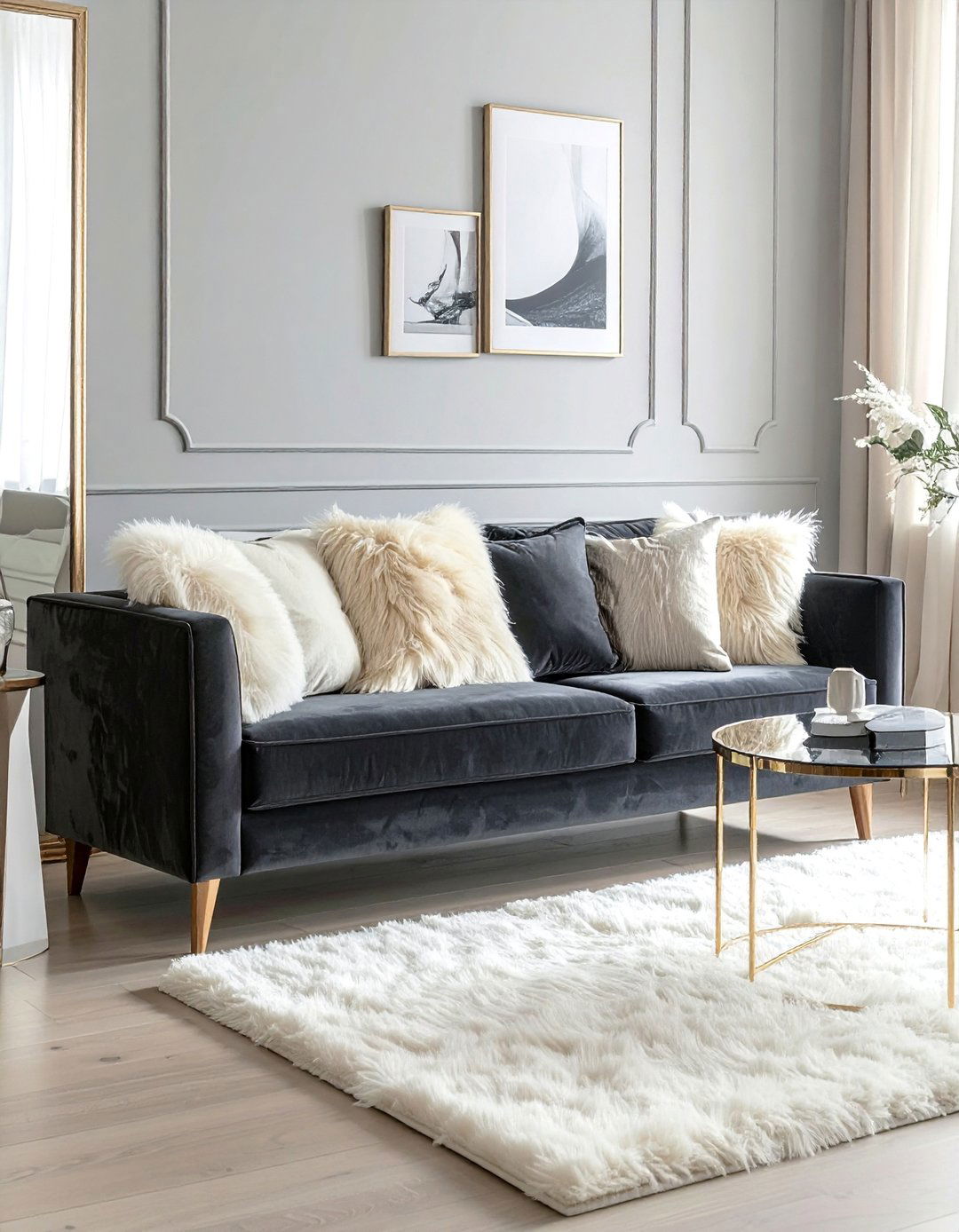 A Dark Grey Velvet Sofa with Cream Cushions - 30 Grey and Cream Living Room Ideas for Elegance