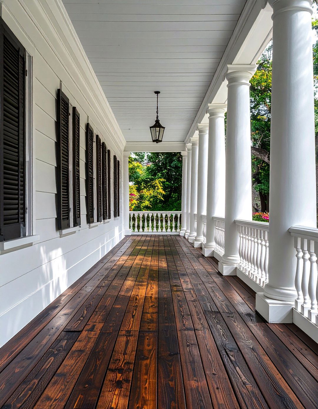 A Dark Stained Wood Floor - 30 Colonial Front Porch Ideas for Charm