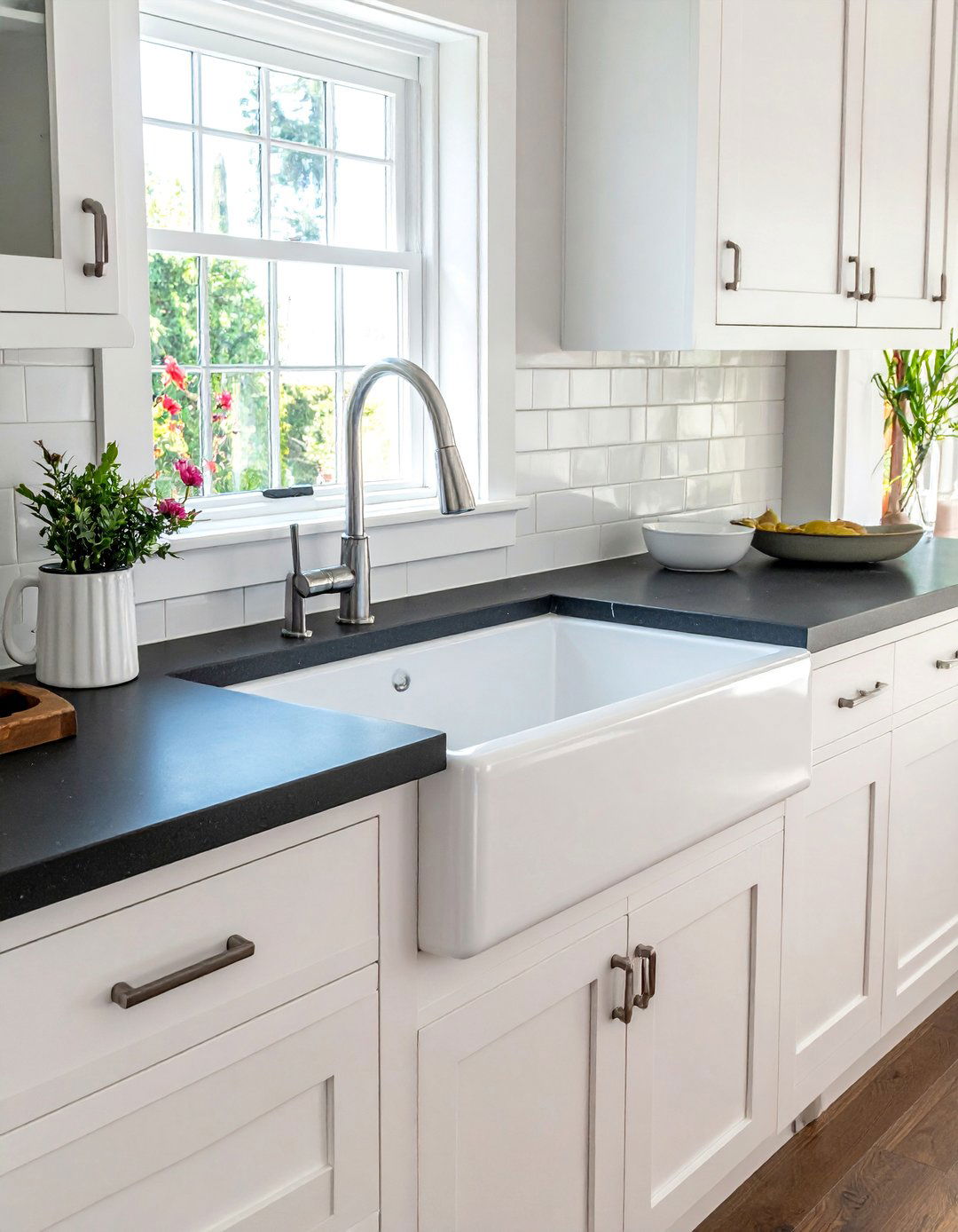 A Farmhouse Sink with Dark Countertops - 20 Kitchen With Dark Countertops and Light Cabinets