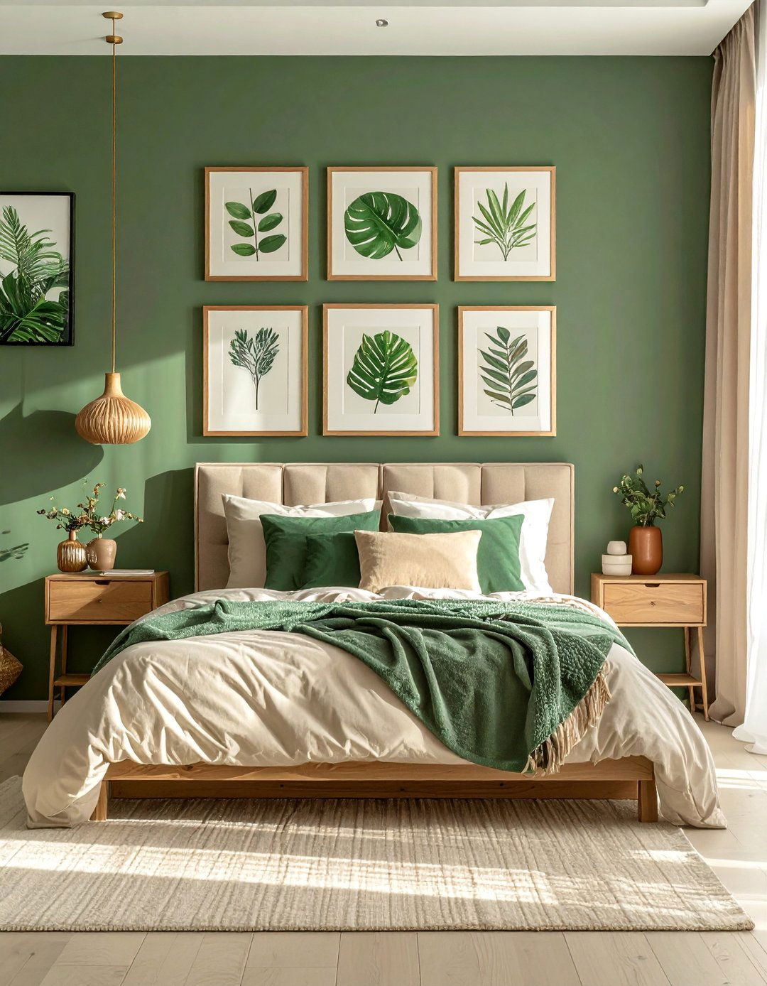 A Gallery Wall with Green and Beige Tones - 30 Green and Beige Bedroom Ideas for Serenity
