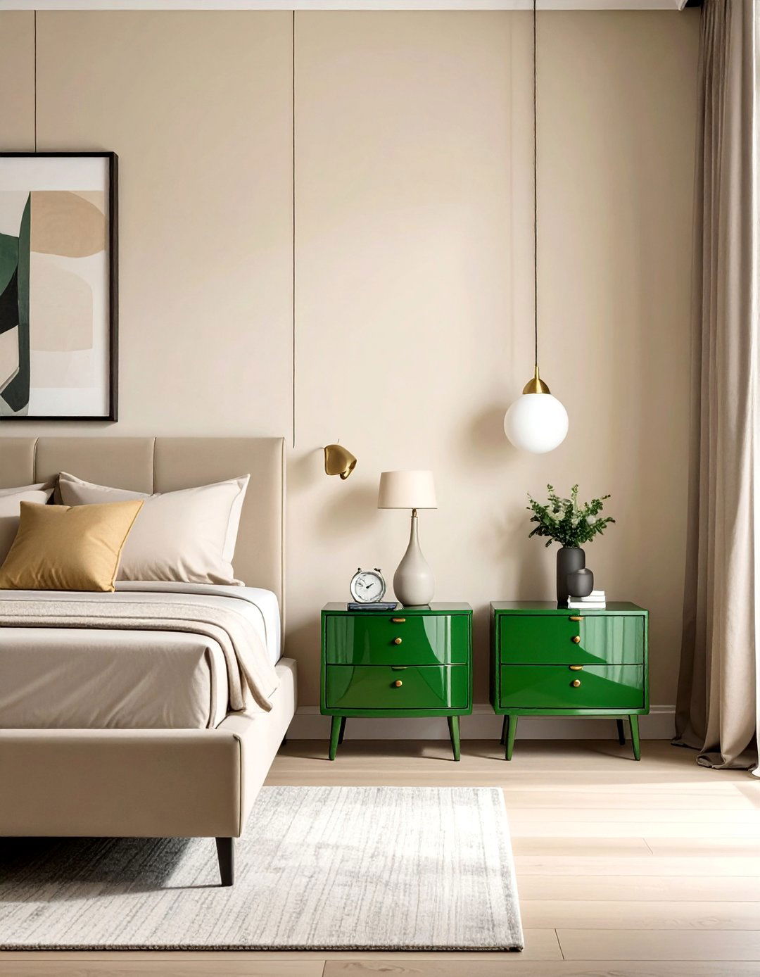 A Green Lacquered Nightstand Set - 30 Green and Beige Bedroom Ideas for Serenity