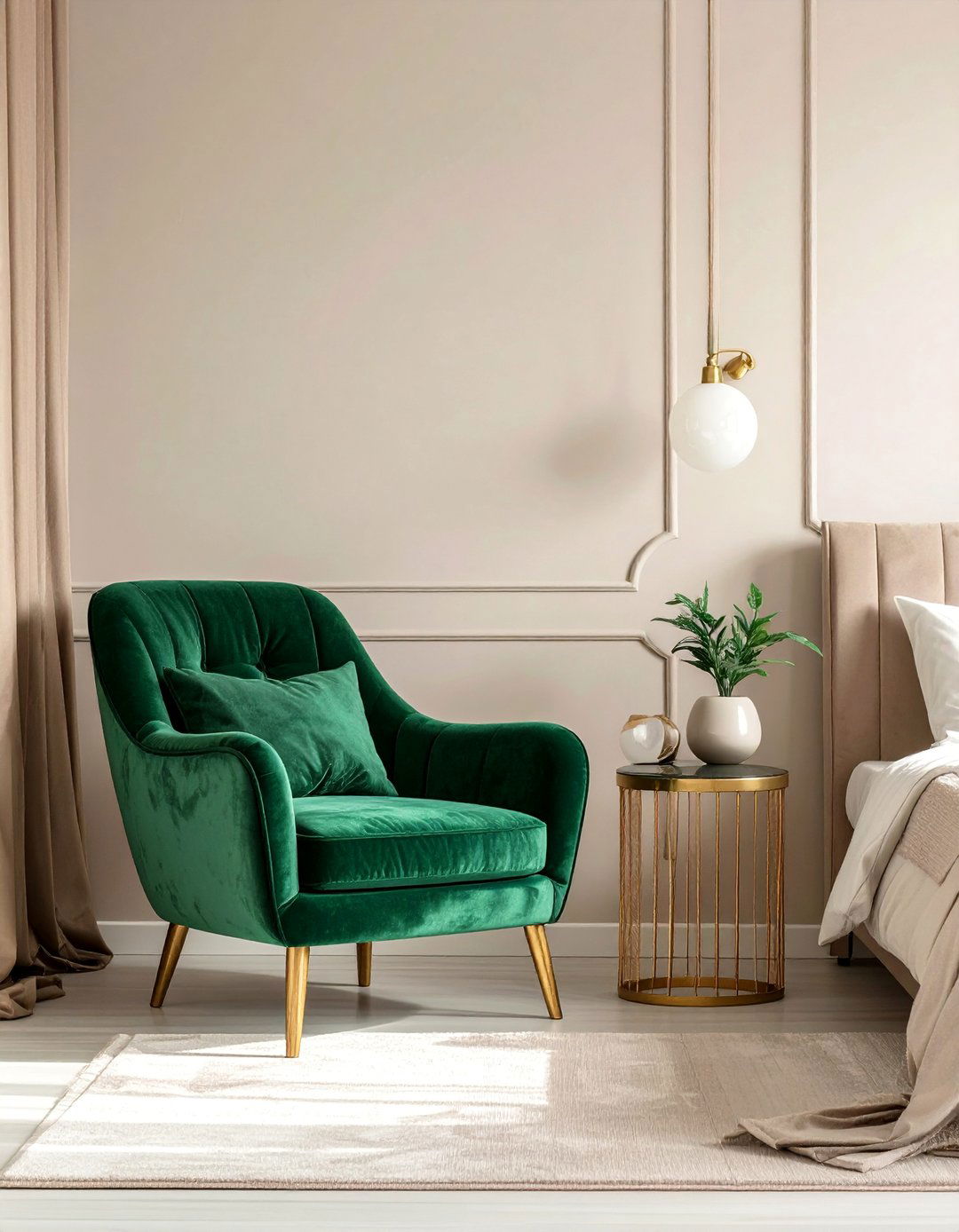 A Green Velvet Armchair in a Beige Bedroom - 30 Green and Beige Bedroom Ideas for Serenity