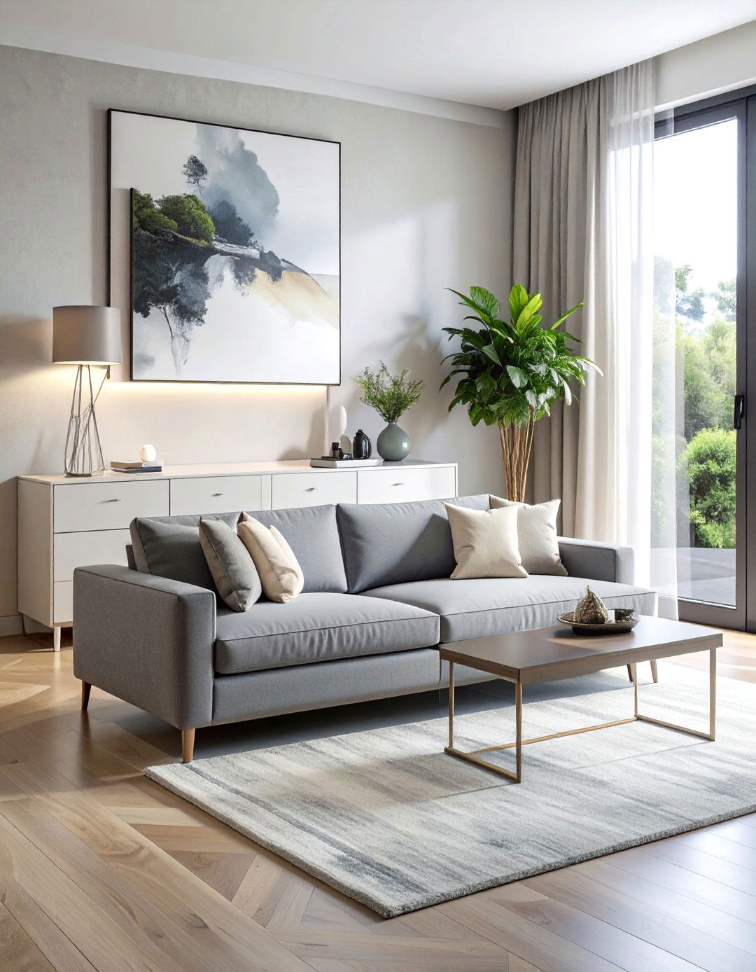 A Grey Sofa with a Cream Waterfall Console Table - 30 Grey and Cream Living Room Ideas for Elegance