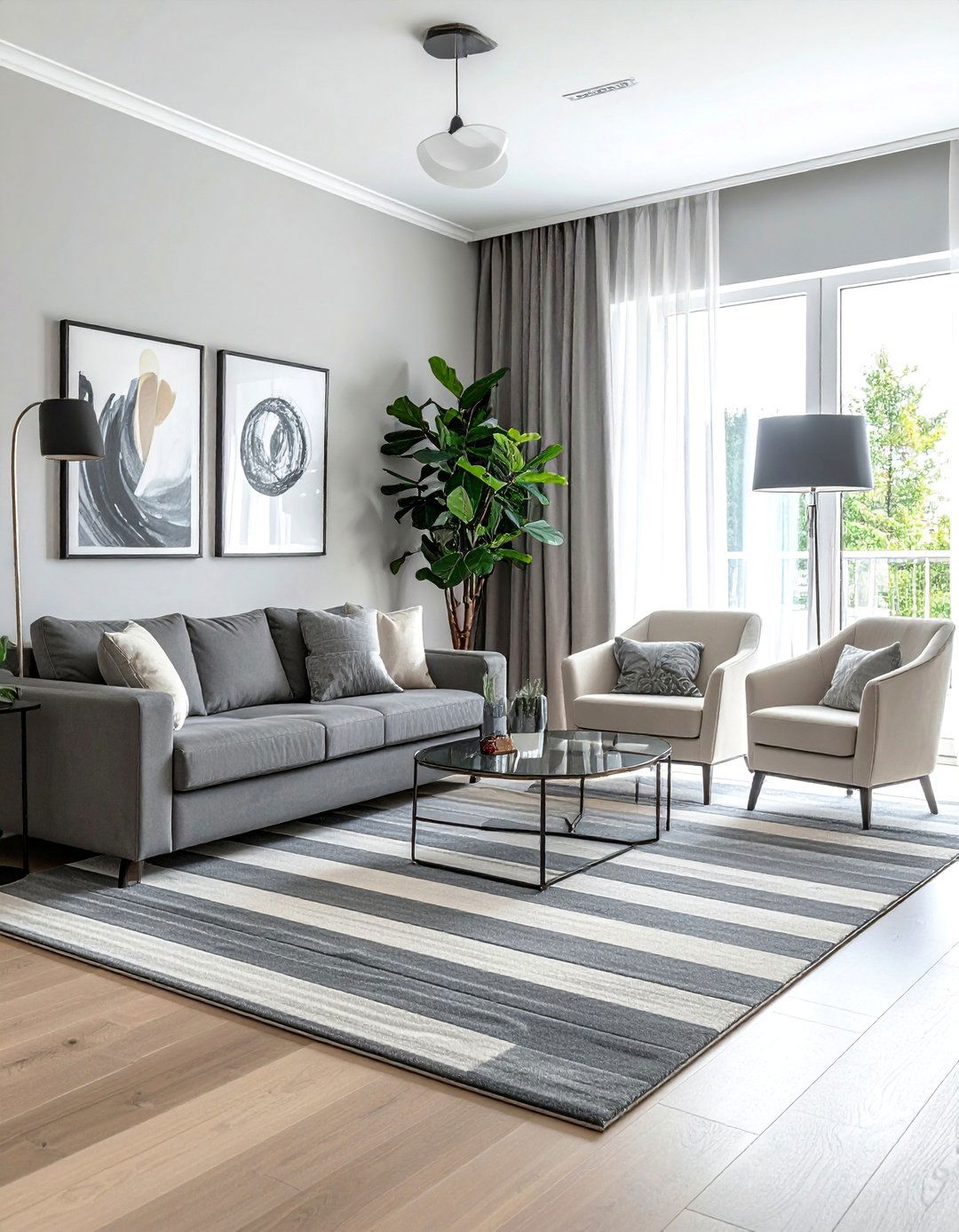 A Grey and Cream Striped Area Rug - 30 Grey and Cream Living Room Ideas for Elegance