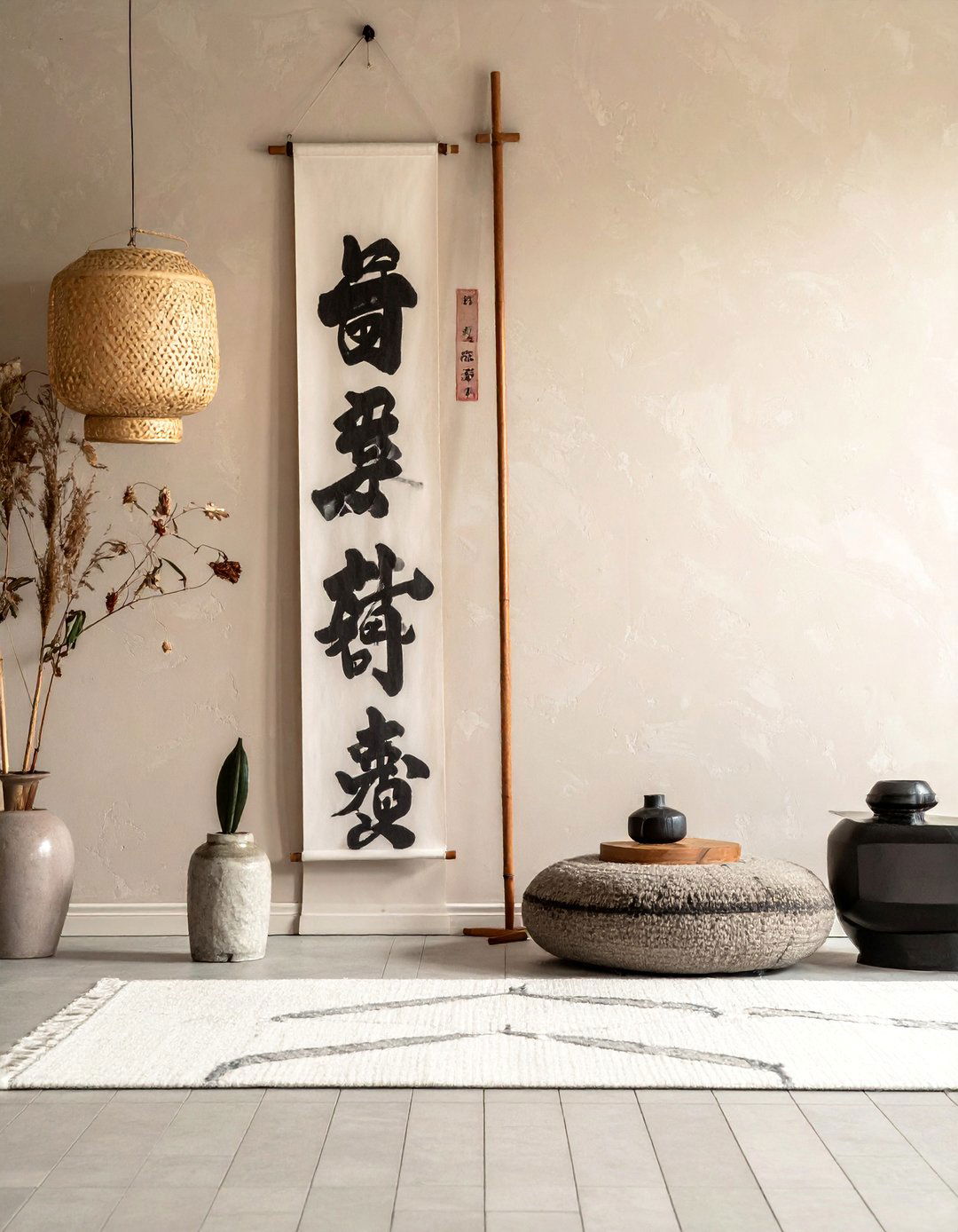 A Japanese Living Room with Calligraphy Art - 30 Japanese Living Room Ideas for a Zen Space