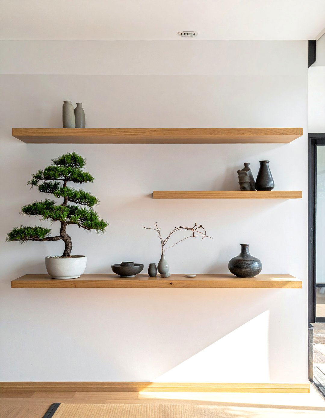 A Japanese Living Room with Minimalist Floating Shelves - 30 Japanese Living Room Ideas for a Zen Space