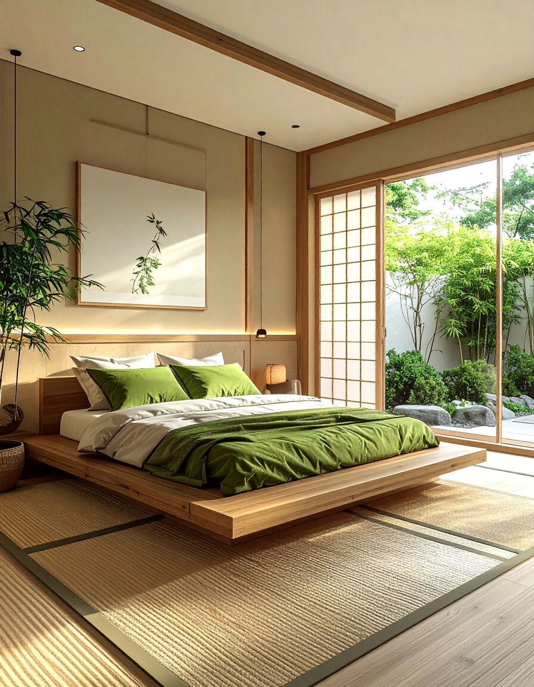 A Japanese Zen Inspired Green and Beige Bedroom - 30 Green and Beige Bedroom Ideas for Serenity