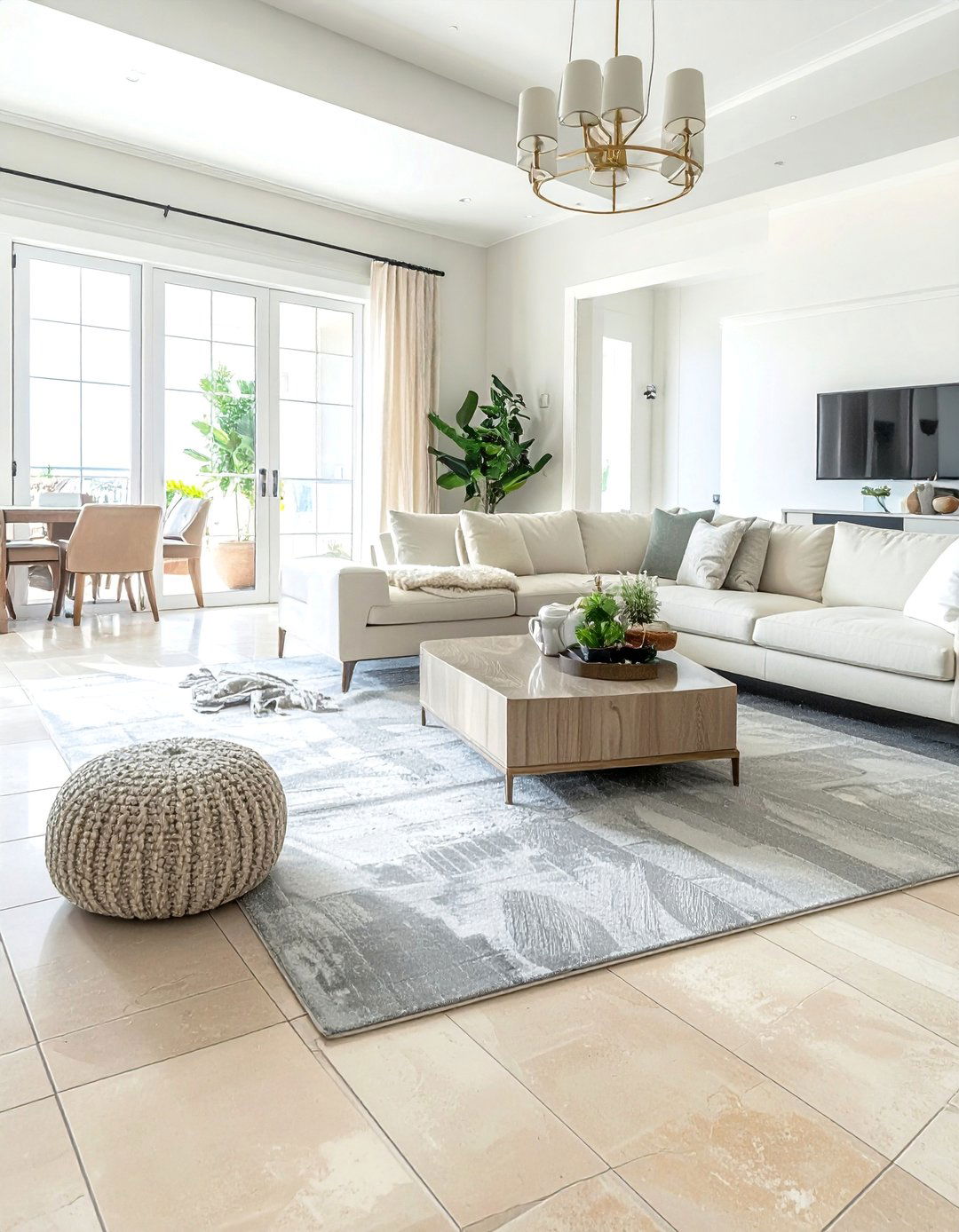 A Light Grey Rug on Cream Toned Flooring - 30 Grey and Cream Living Room Ideas for Elegance