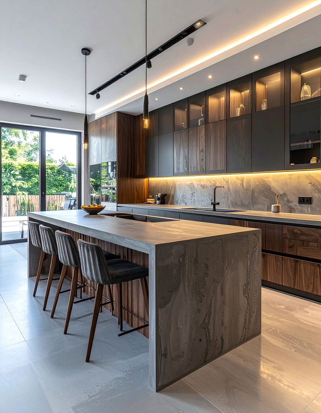 A Microcement Kitchen with Fluted Glass Cabinets - 20 Microcement Kitchen Ideas for a Sleek Look