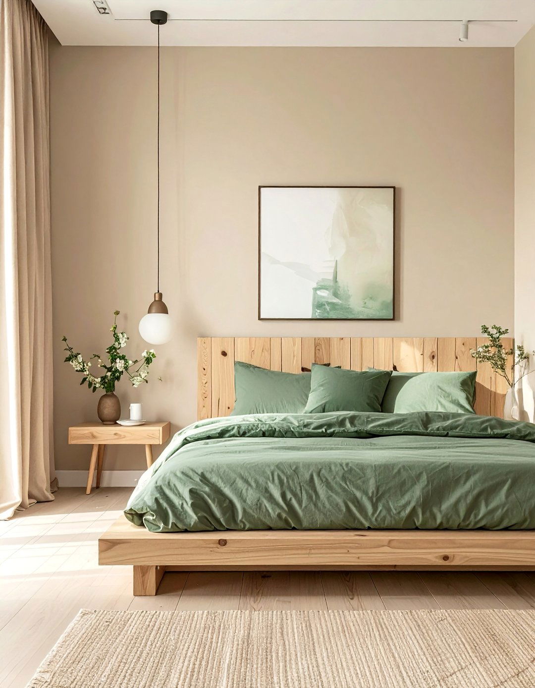 A Minimalist Green and Beige Bedroom with Natural Wood - 30 Green and Beige Bedroom Ideas for Serenity
