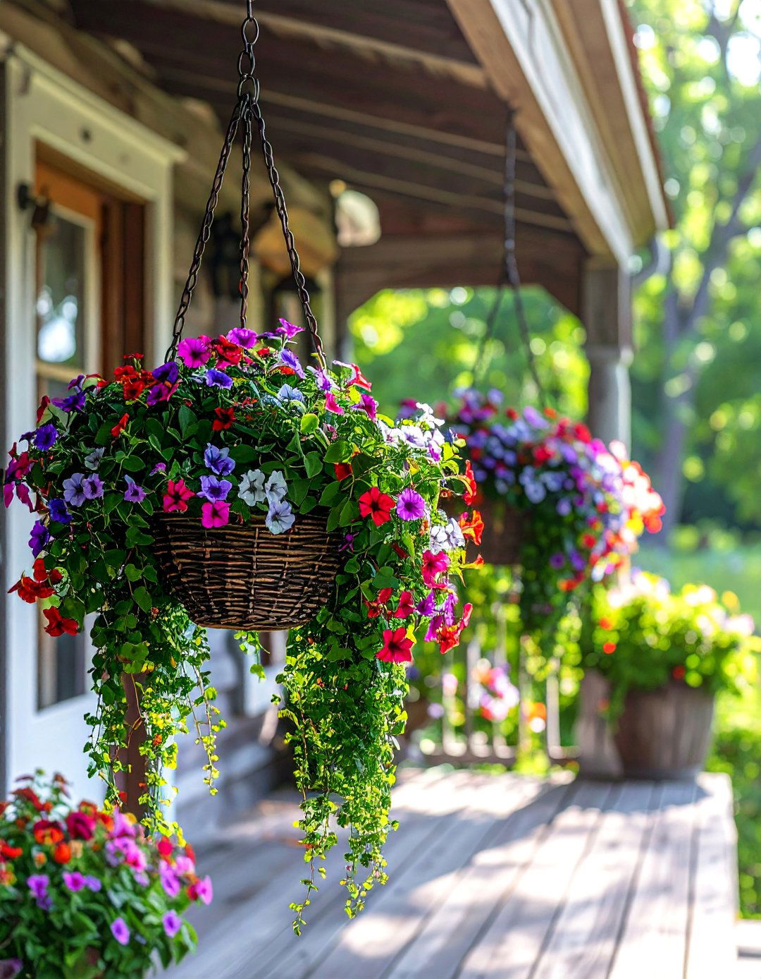 A Rustic Front Porch Adorned with Hanging Flower Baskets - 25 Rustic Front Porch Ideas for a Welcoming Entryway