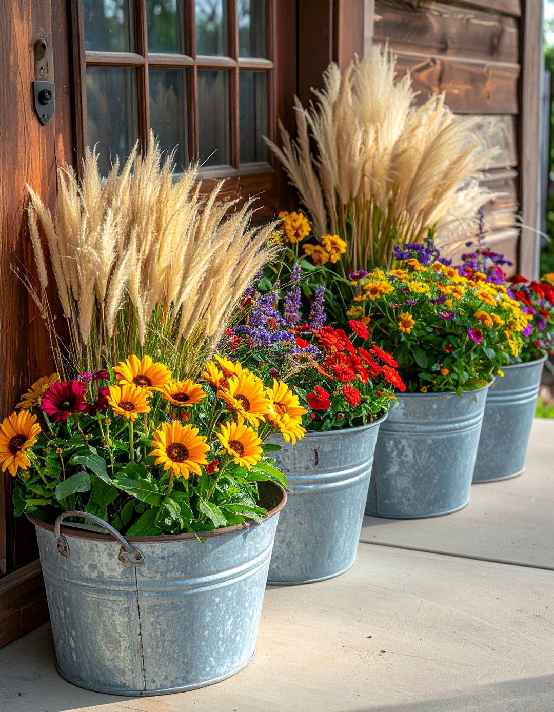 A Rustic Front Porch with Galvanized Metal Planters - 25 Rustic Front Porch Ideas for a Welcoming Entryway