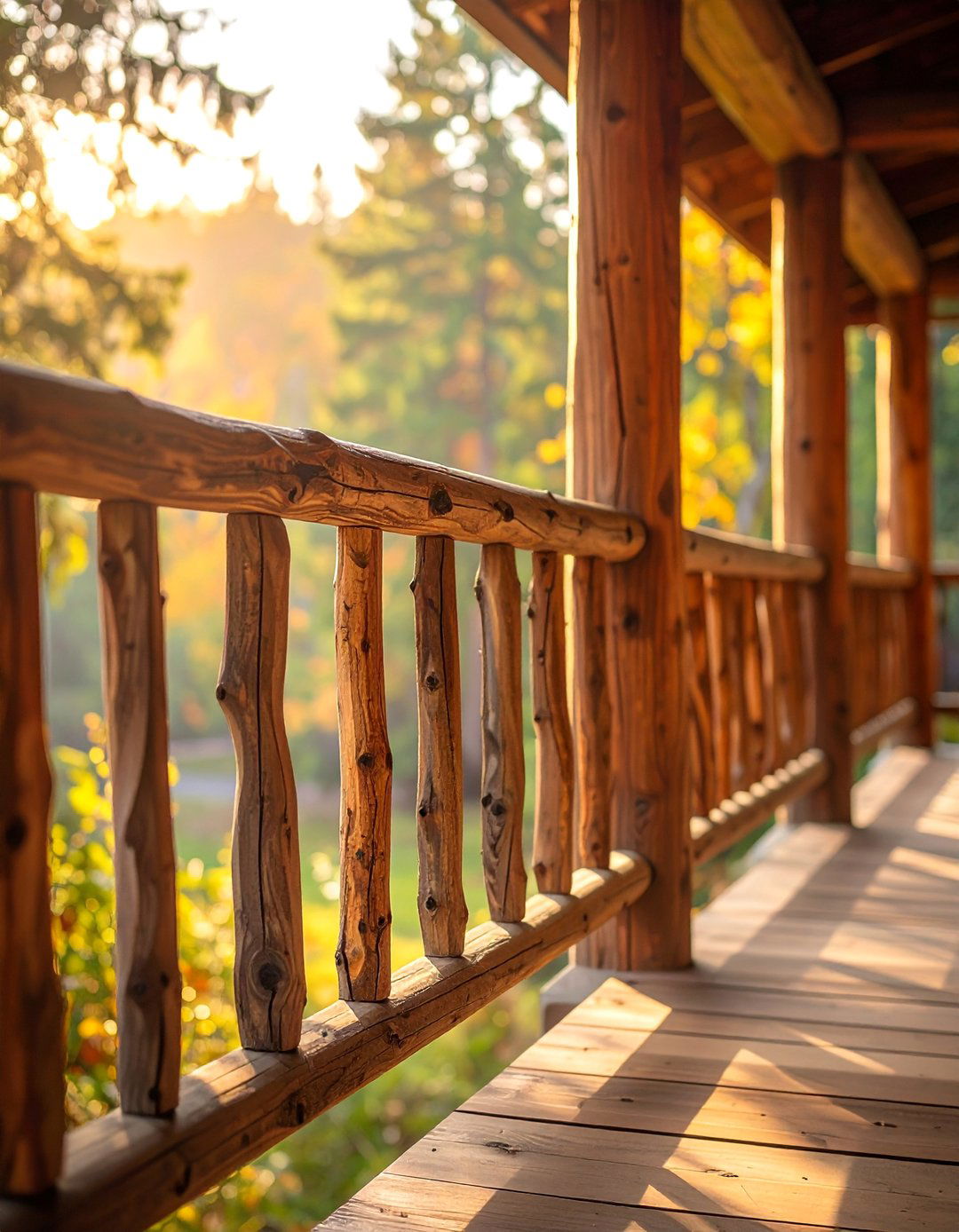 A Rustic Front Porch with Hand Hewn Wooden Railings - 25 Rustic Front Porch Ideas for a Welcoming Entryway