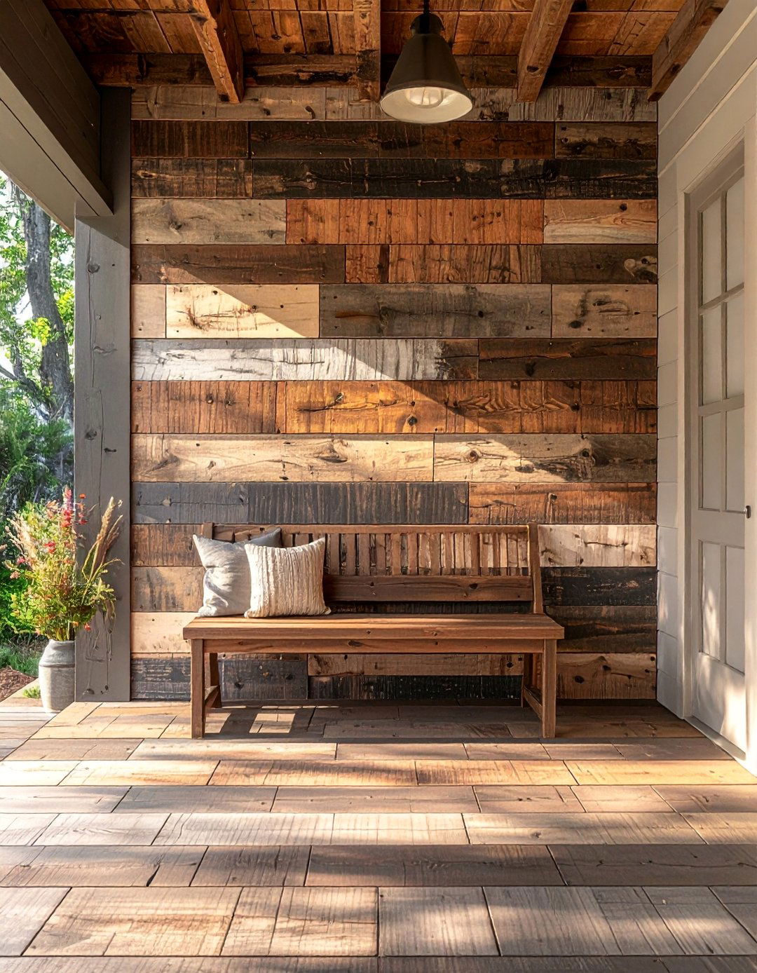 A Rustic Front Porch with a Barnwood Accent Wall - 25 Rustic Front Porch Ideas for a Welcoming Entryway