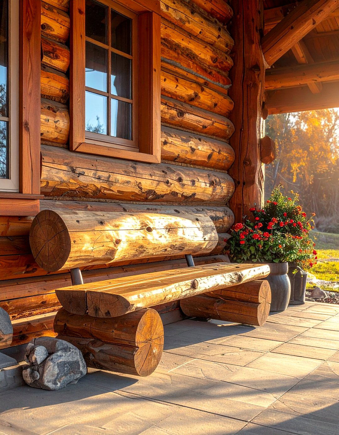 A Rustic Front Porch with a Hand Hewn Log Bench - 25 Rustic Front Porch Ideas for a Welcoming Entryway