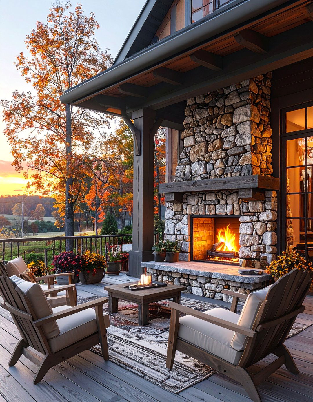 A Rustic Front Porch with a Stone Hearth Fireplace - 25 Rustic Front Porch Ideas for a Welcoming Entryway