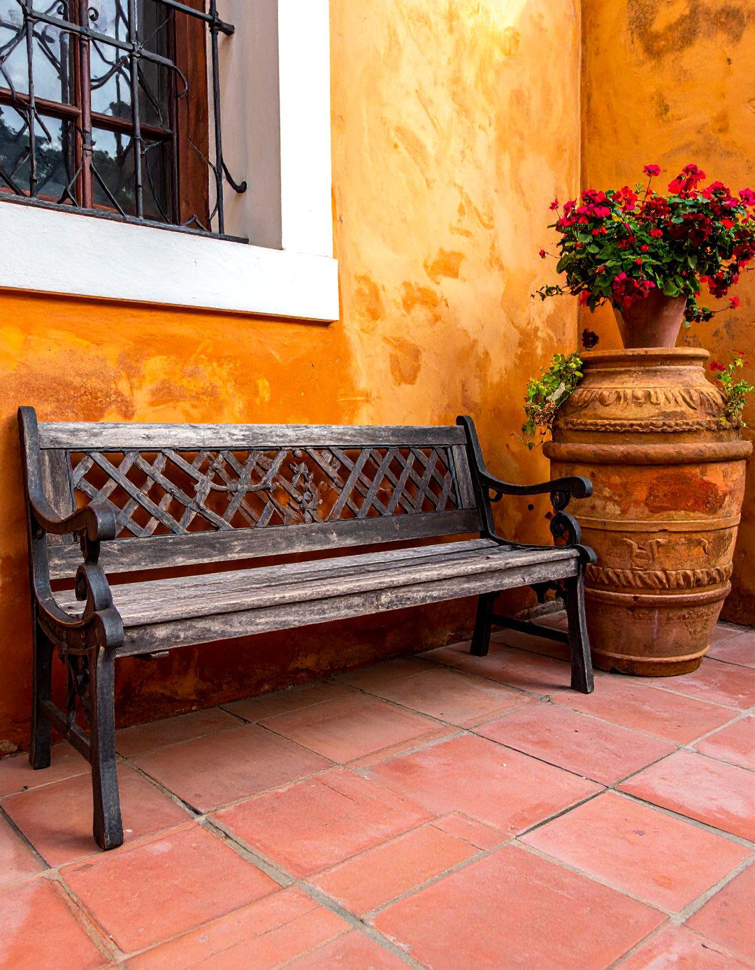A Rustic Wooden Bench in a Mexican Garden - 25 Mexican Garden Ideas for a Vibrant Outdoor Space