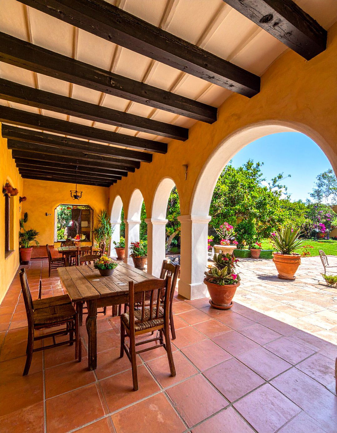 A Shaded Patio with Viga Beams in a Mexican Garden - 25 Mexican Garden Ideas for a Vibrant Outdoor Space