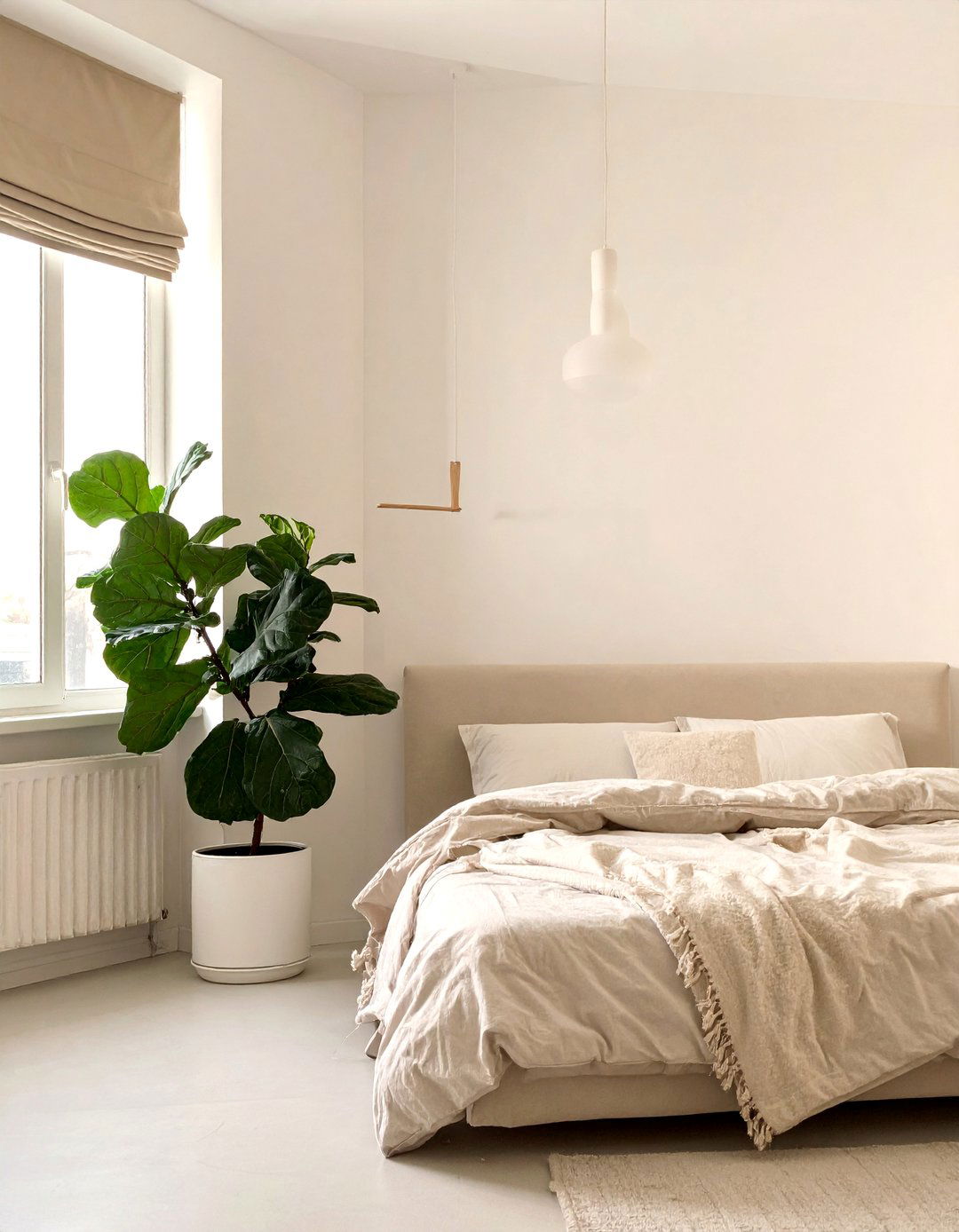 A Single Green Plant as a Focal Point in a Beige Room - 30 Green and Beige Bedroom Ideas for Serenity