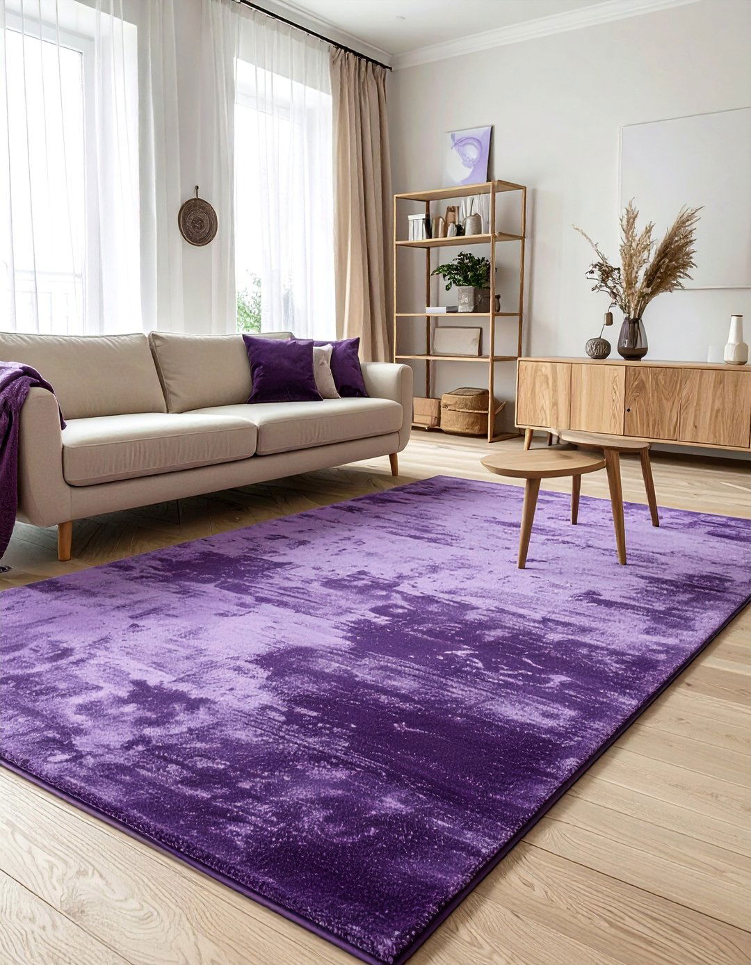 A Statement Grape Colored Area Rug - 25 Purple Living Room Ideas for a Luxurious Vibe