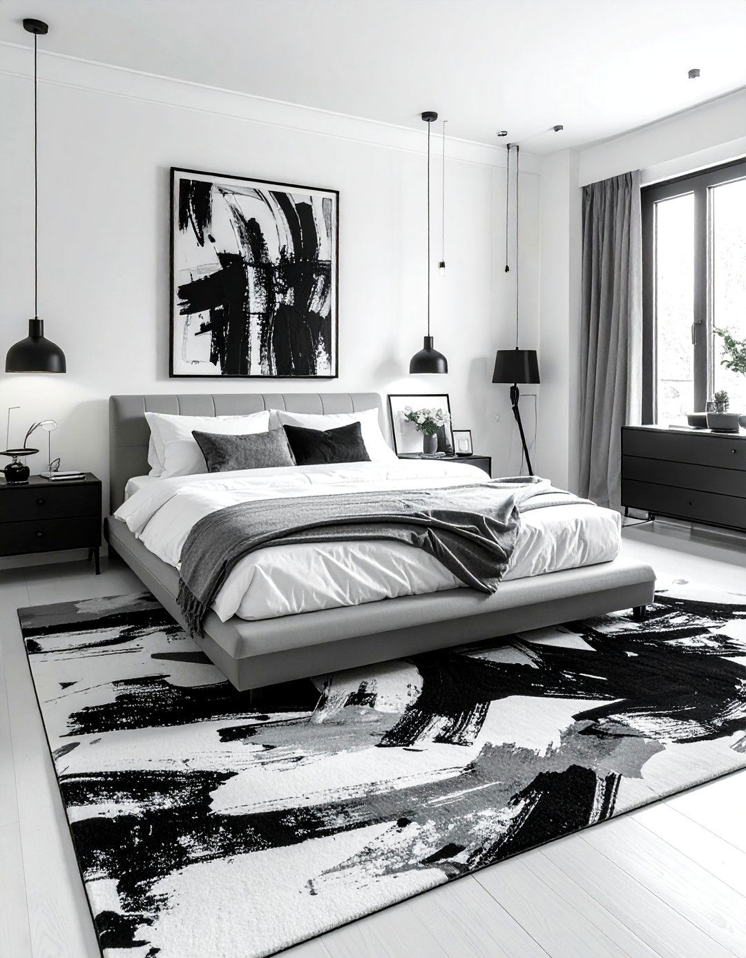 A Striking Black and White Area Rug - 40 Black and White Bedroom Ideas for Elegance