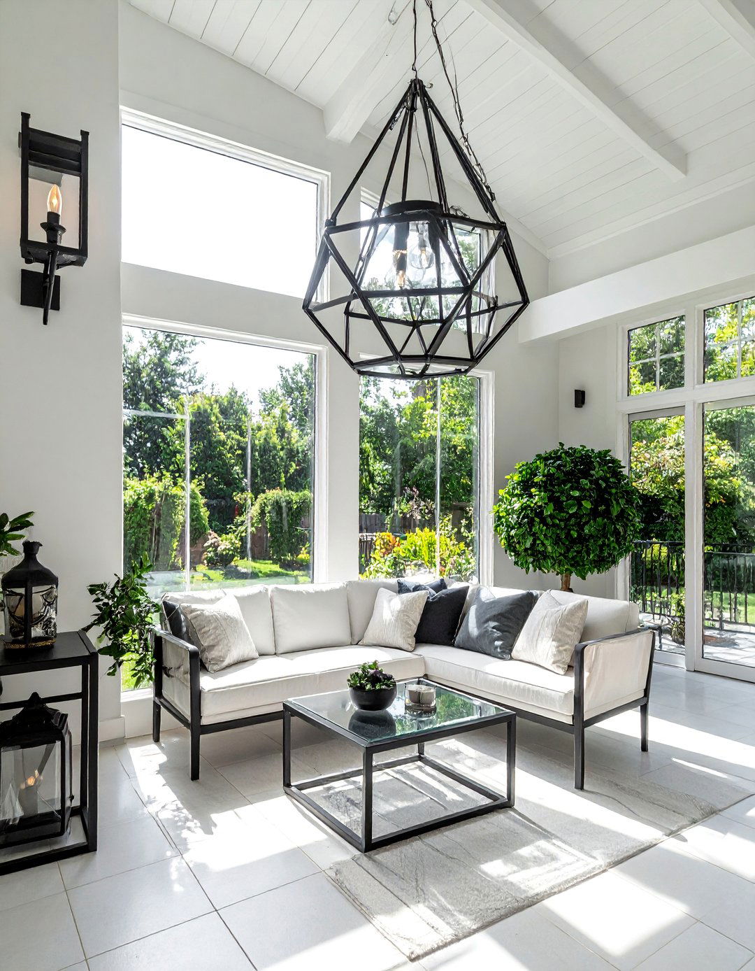 A Sunroom with Black Lighting Fixtures - 20 Black Sunroom Ideas for a Stylish Retreat